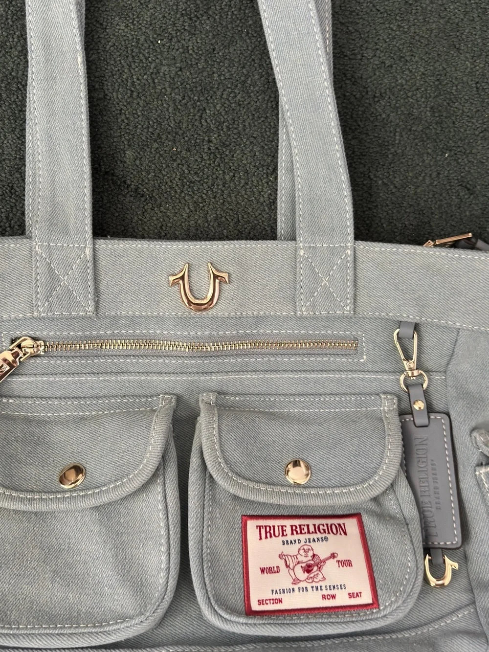 True Religion Light Gray Canvas Tote with Front Pockets and Gold Hardware